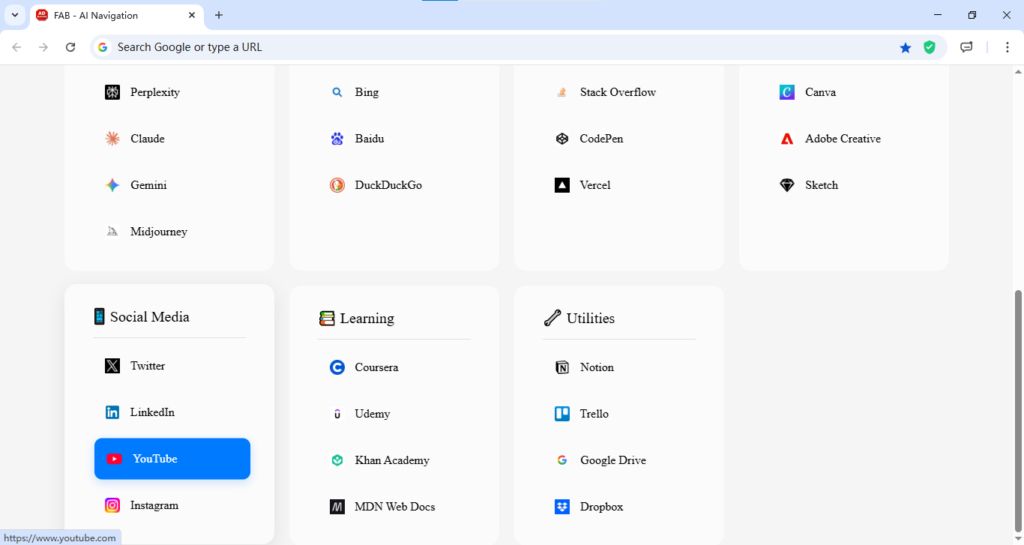 Demo image of the YouTube shortcut on the homepage.