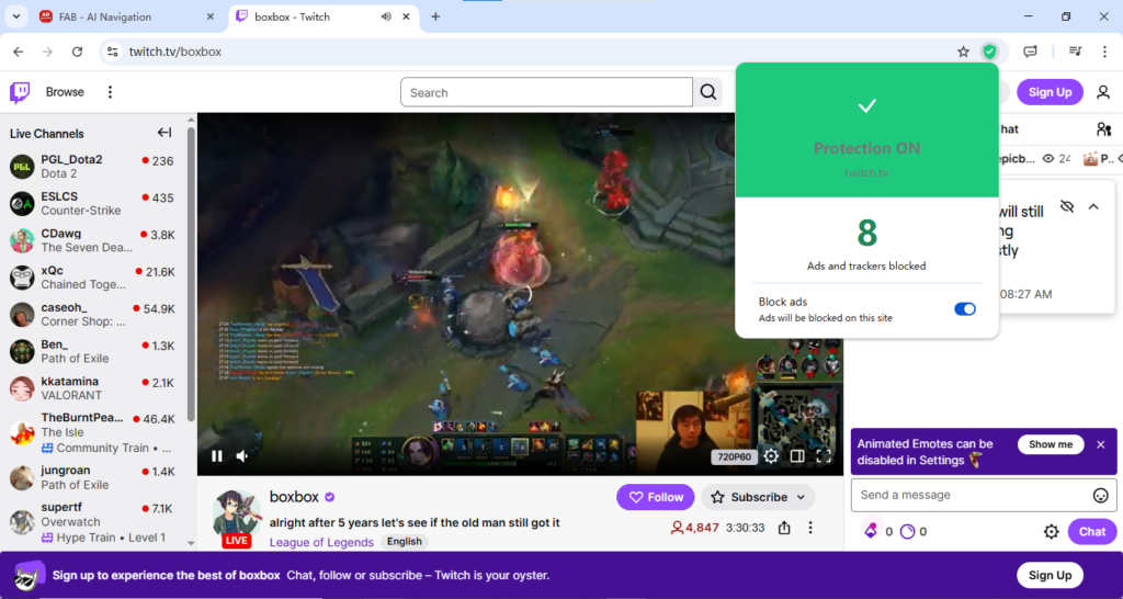 To show the ad-blocking effect of Free Adblocker Browser on Twitch ads